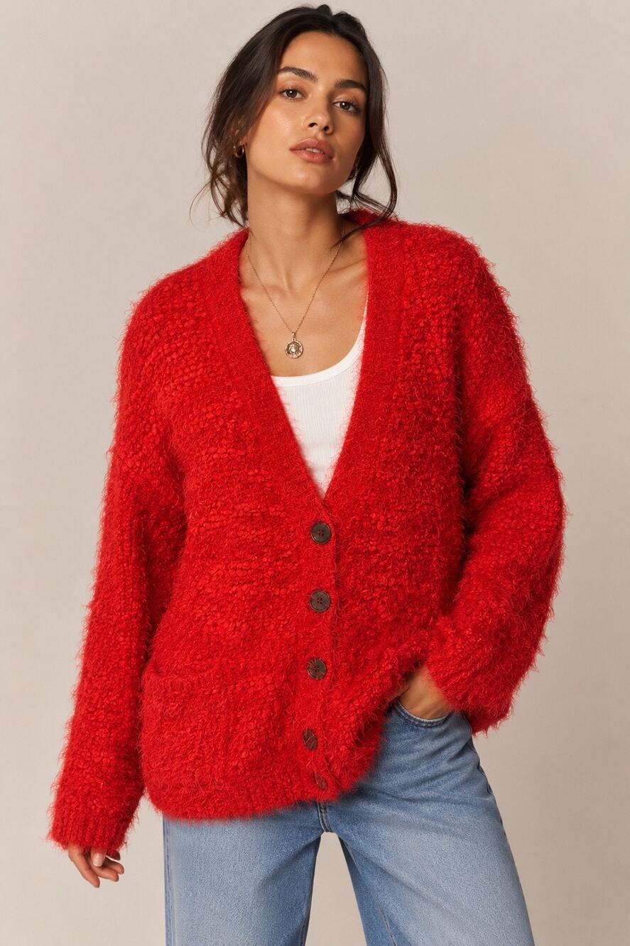 Anthropologie Textured Bouclé Wool Blend Cardigan Sweater Red M